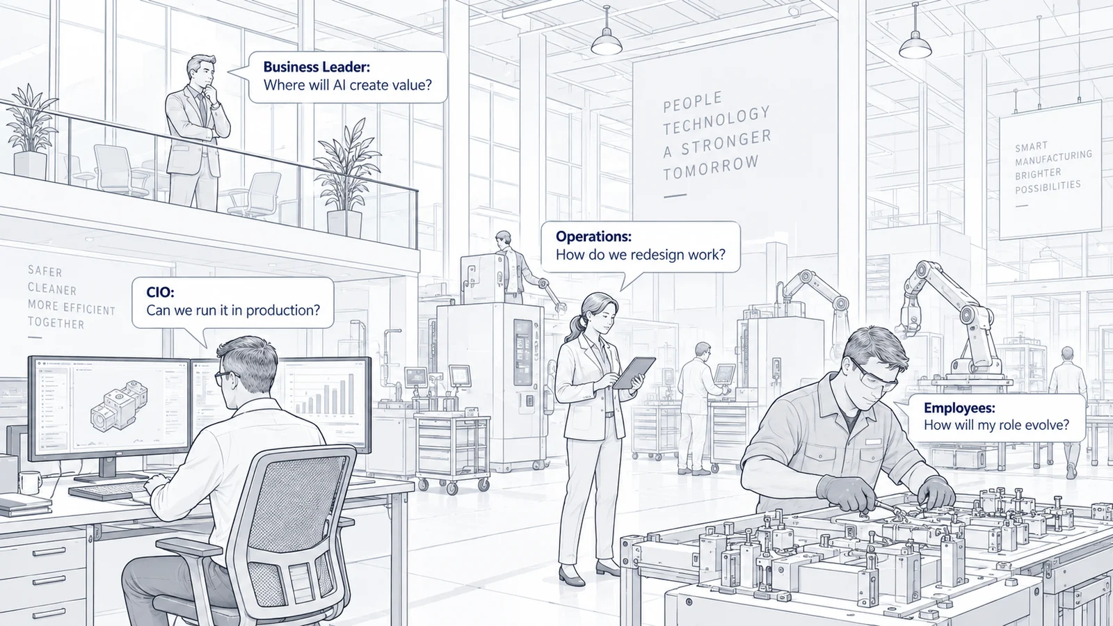 A manufacturing floor where a business leader asks where AI will create value, a CIO whether it can run in production, operations how to redesign work, and an employee how their role will evolve